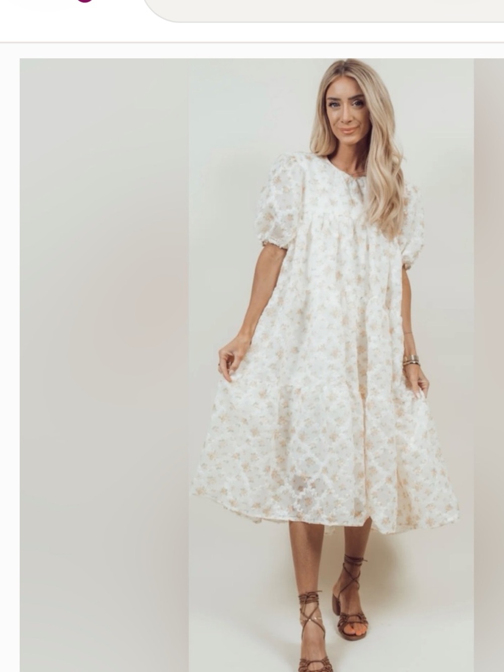Floral Puff-Sleeve Cream Midi Dress